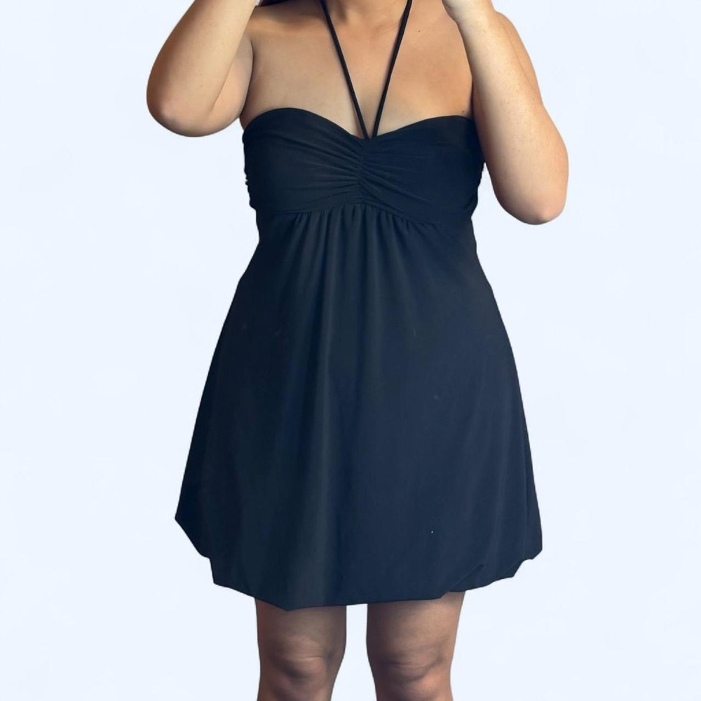 Strapless Black Bubble Hem Dress with Center Tie